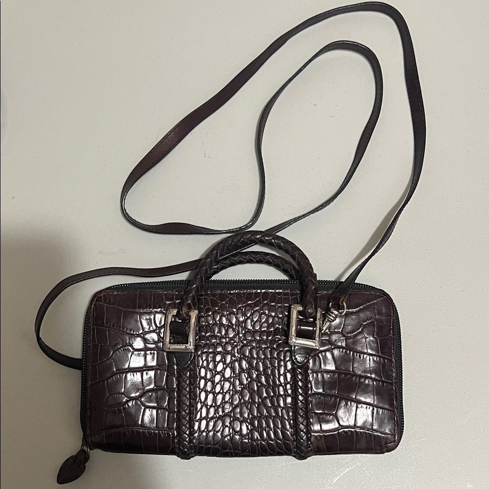 Brighton Brown Croc Embossed Leather Crossbody Wallet Bag Braided Handles